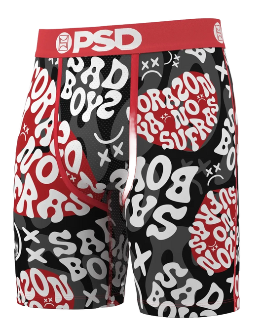 Boxer briefs with red, black, and white graphic design on a white background