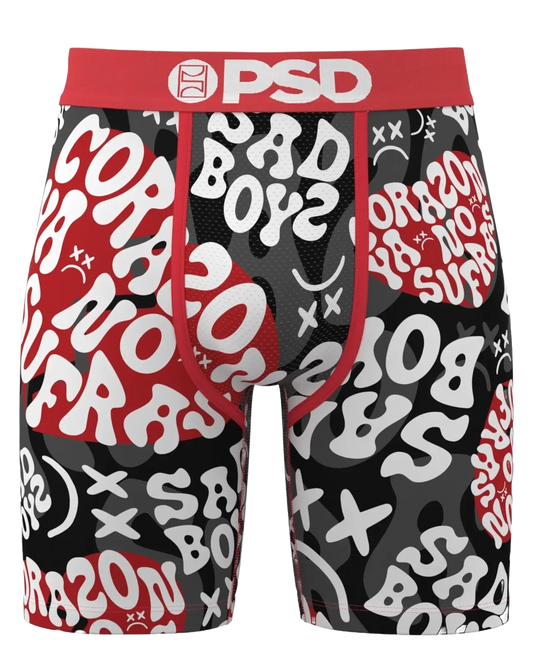 Boxer briefs with a red waistband and graphic design on a white background