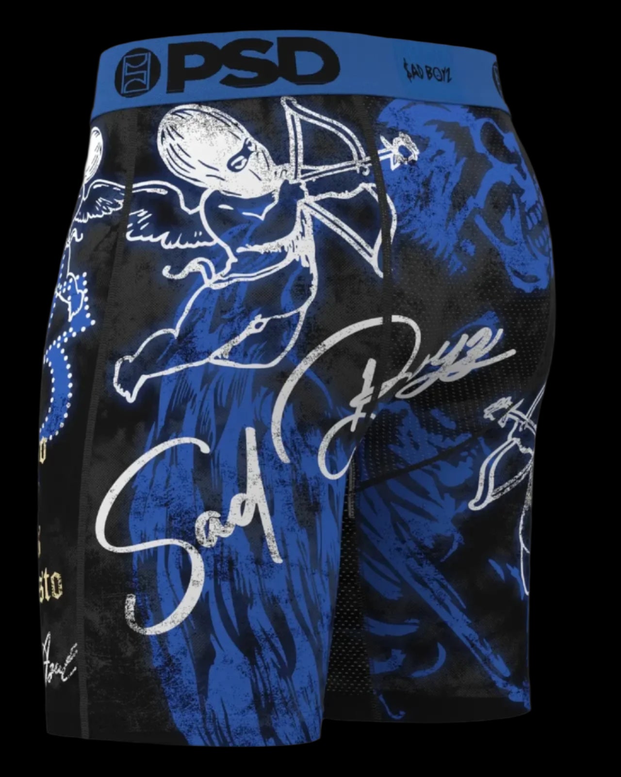 Black and blue shorts with graphic designs and 'PSD' branding on a gray background