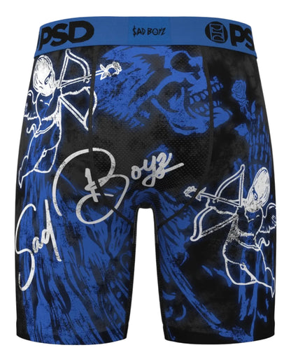 Black and blue boxer briefs with graphic designs and 'PSD' branding on a white background
