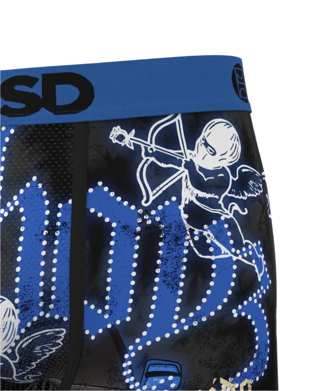 Black athletic shorts with blue waistband and white graphic design on a gray background