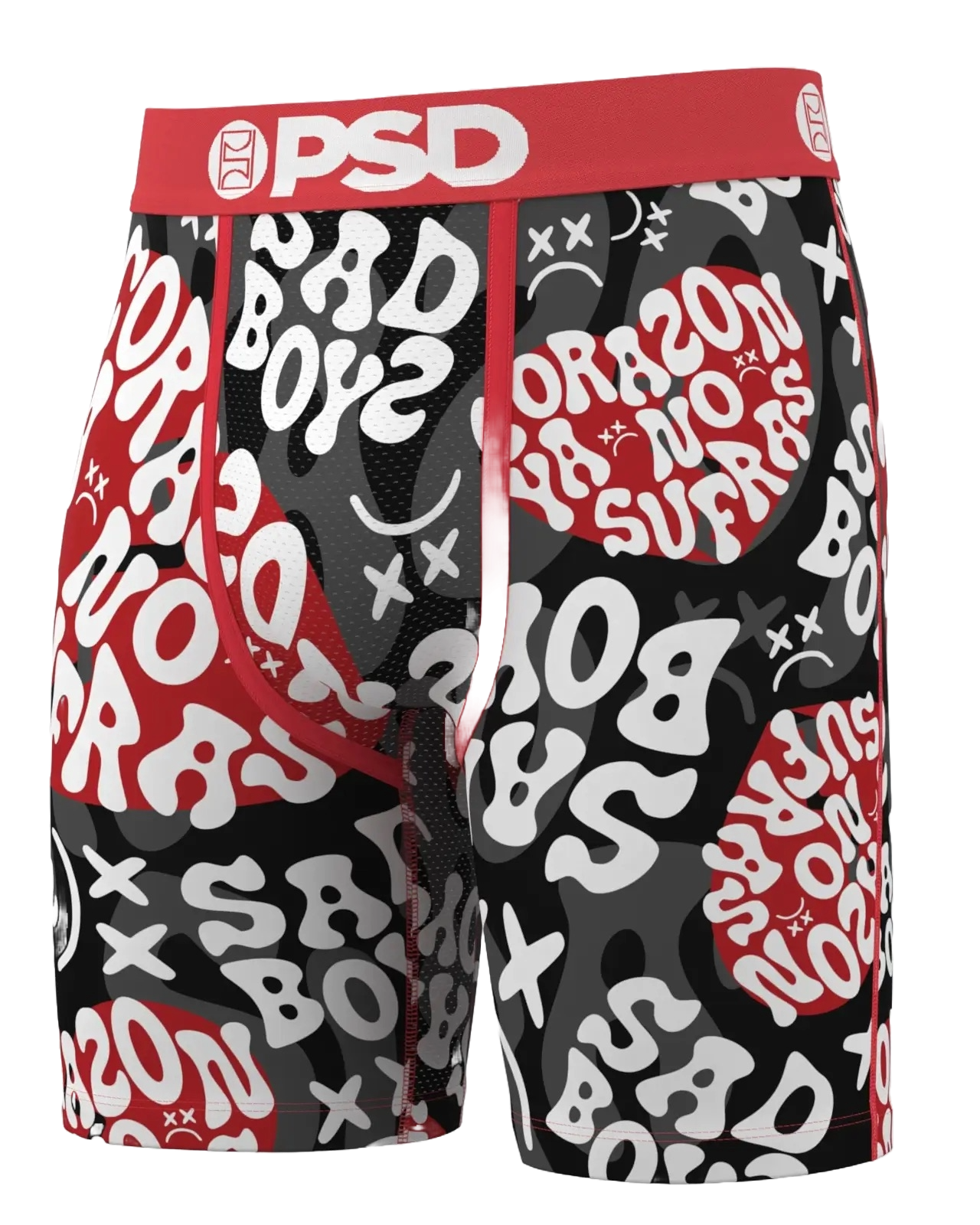 Boxer briefs with red, black, and white graphic design on a white background