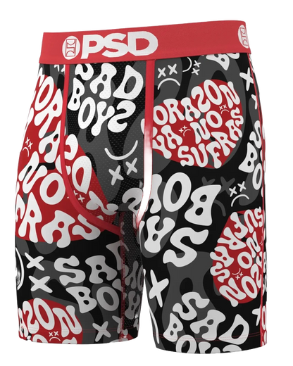 Boxer briefs with red, black, and white graphic design on a white background