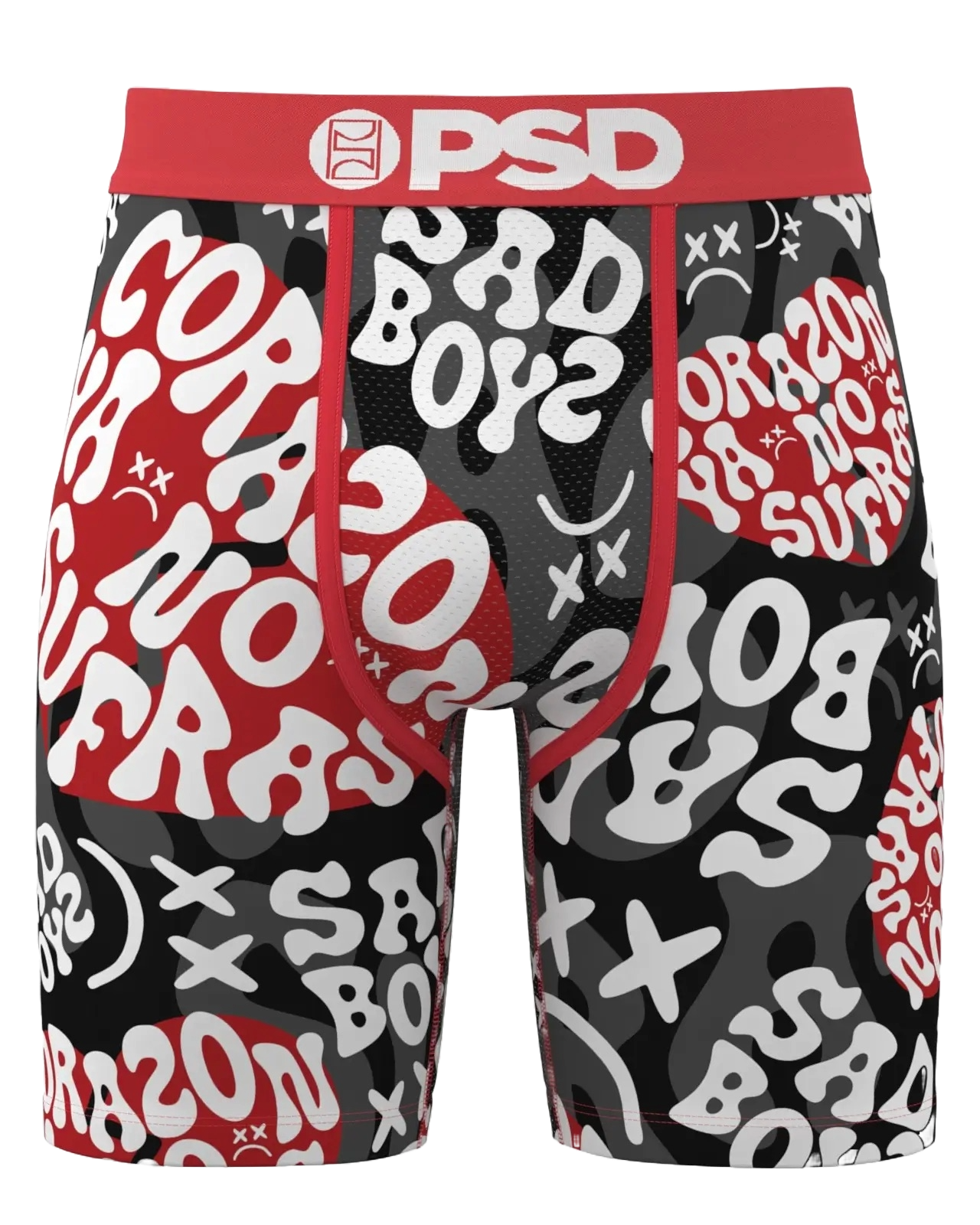 Boxer briefs with a red waistband and graphic design on a white background