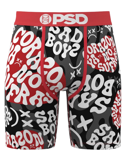 Boxer briefs with a red waistband and graphic design on a white background