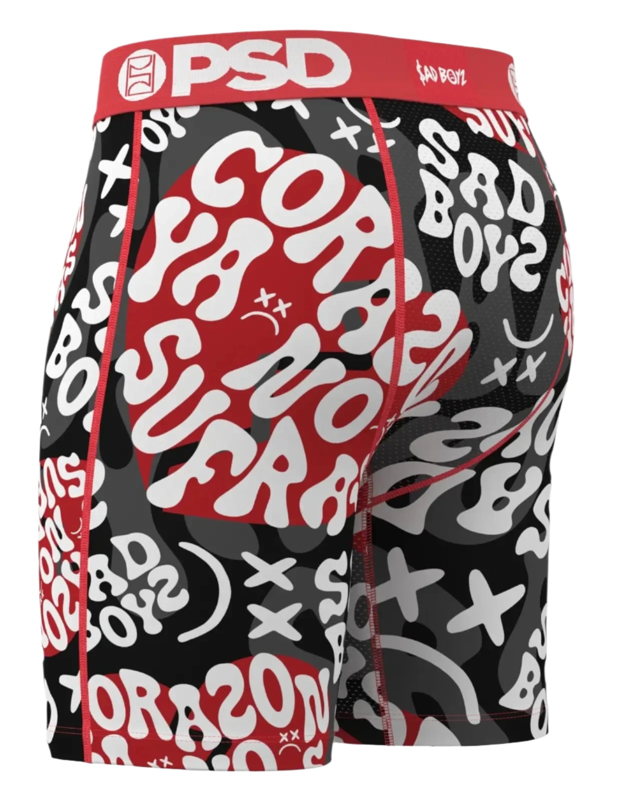 Black athletic shorts with red and white text and graphics, featuring the brand 'PSD'.