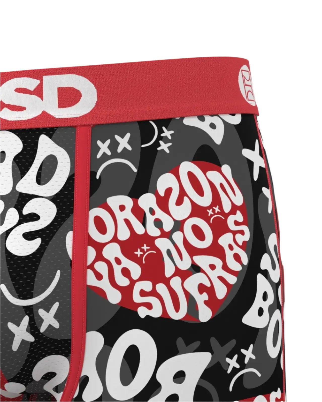 Boxer briefs with graphic design and text on a gray background