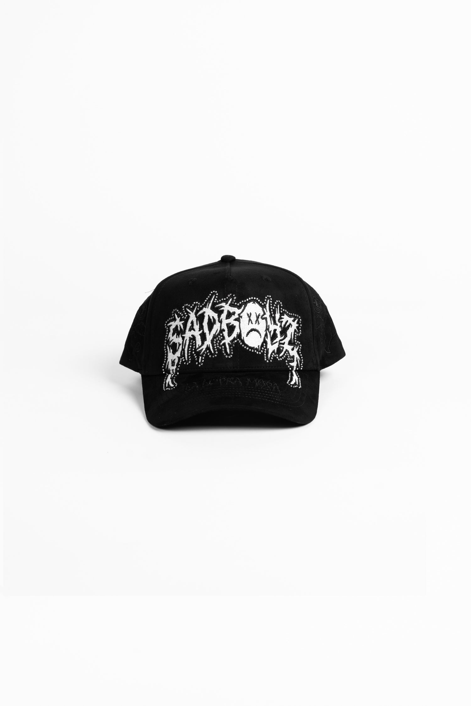 Black cap with white graphic design on a white background