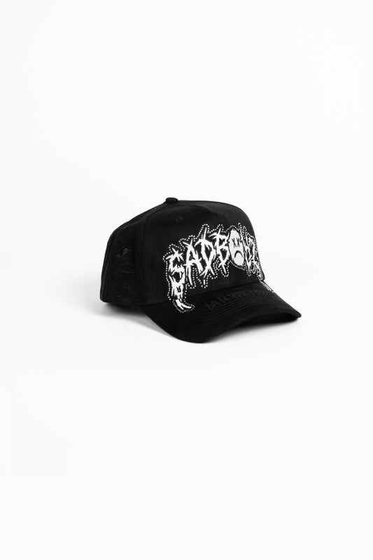 Black cap with white text on a white background